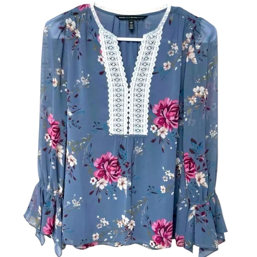 Spring Floral Lace Ruffle Bell Sleeve Peasant Longsleeve Chiffon Blouse